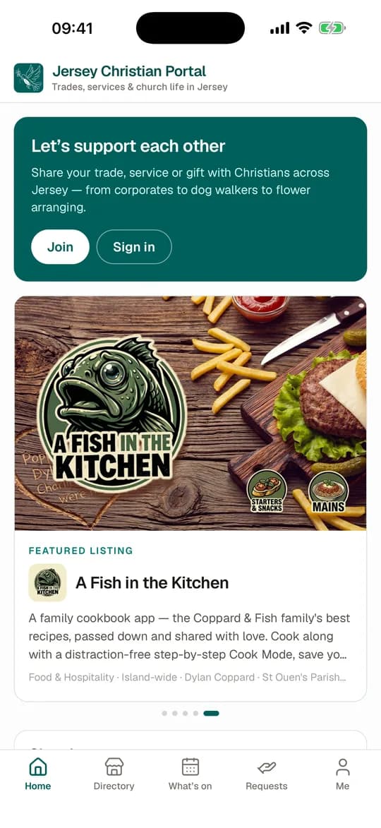 The app's home screen with a featured listing