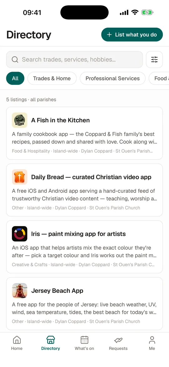 The business directory in the app
