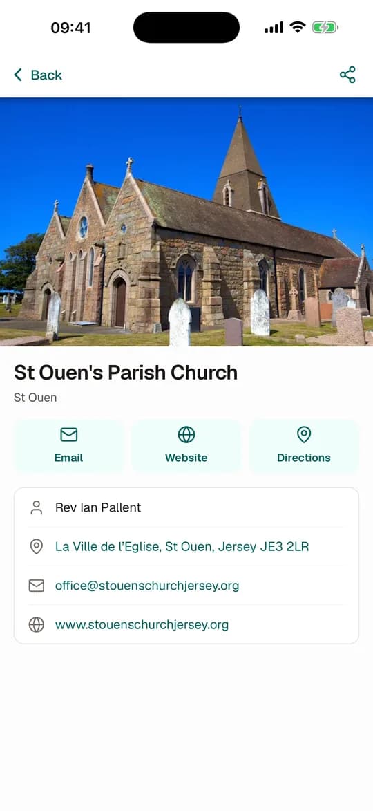 A church page in the app with contact details and directions
